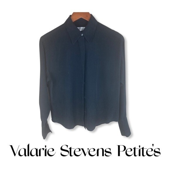 Valerie Stevens Black Button-Down Pure Silk Top Size Medium Petite - Picture 1 of 11